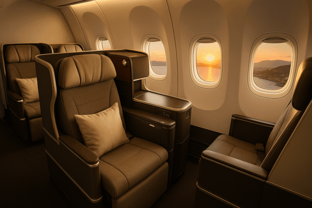 Affordable luxury travel in business class cabin during summer 2025.