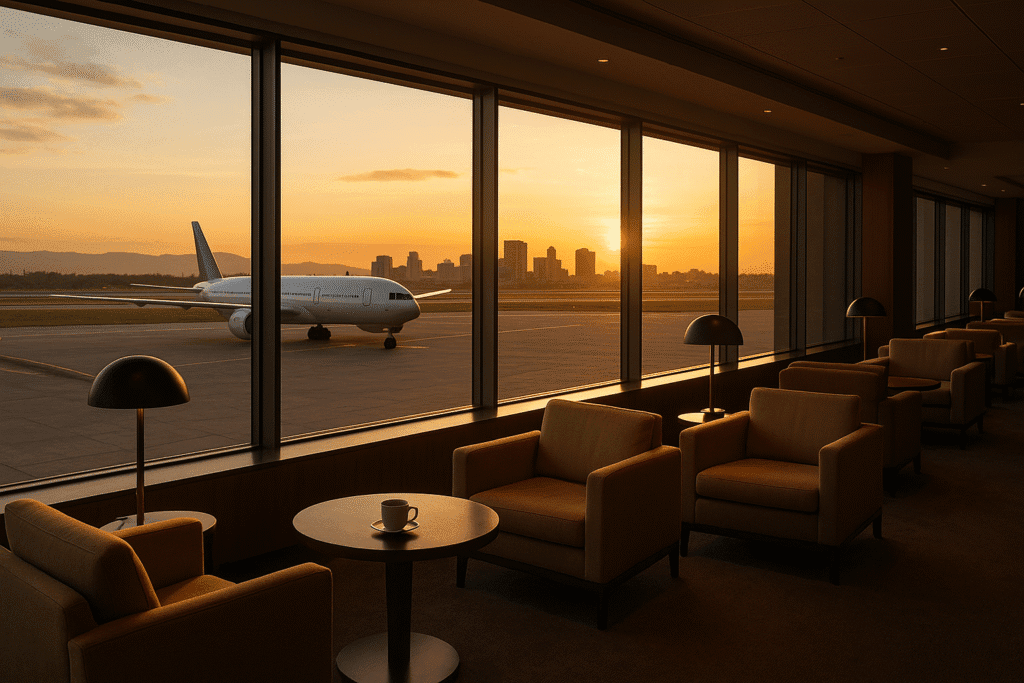 Premium airport lounge with seating and runway view during a luxury layover