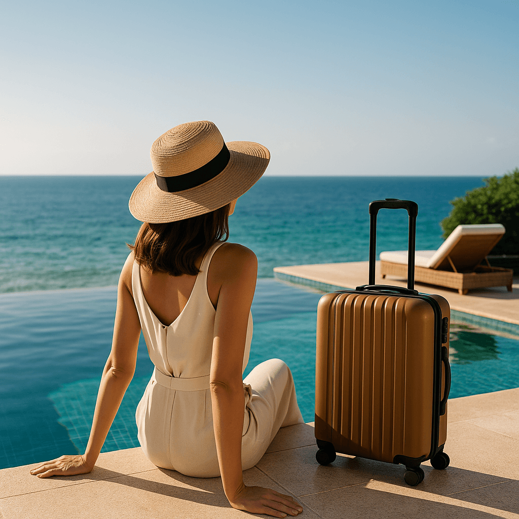 Sophisticated traveler enjoying a luxury resort experience with ocean views.