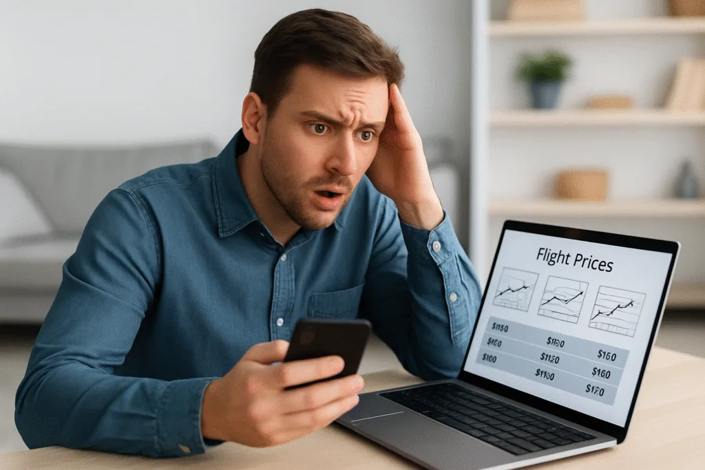 Traveler comparing AI-driven airline pricing on a laptop while booking a flight, looking surprised at rising airfare costs.