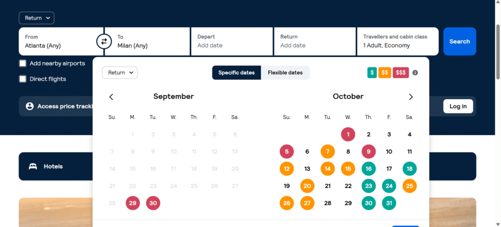 Flight search calendar showing flexible date options and price categories for booking airline tickets from Atlanta to Milan.