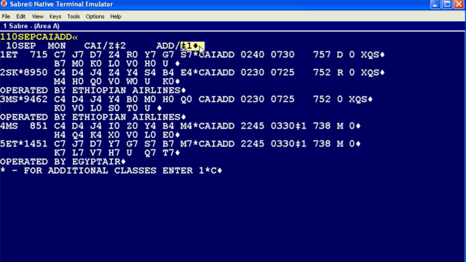Sabre GDS terminal screen showing airline fare buckets and availability, illustrating how yield management sets prices.