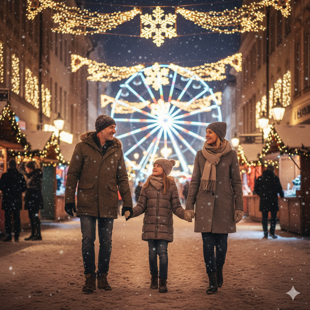 Family enjoying affordable luxury winter city break with festive lights.
