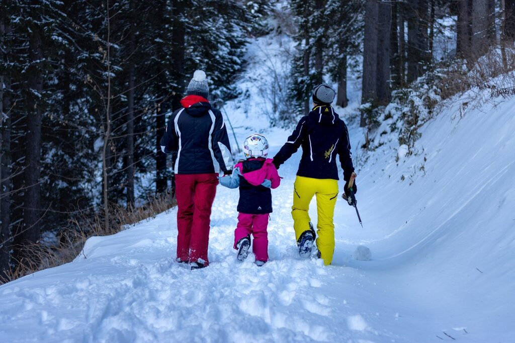 Family of three in winter gear walking hand-in-hand along a snowy forest trail, back view.