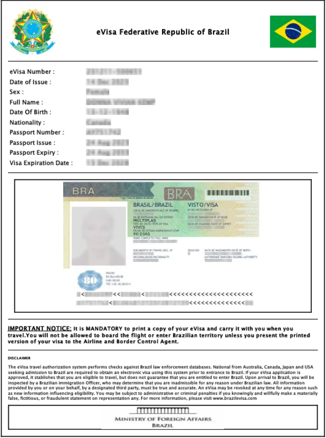 Brazil e-Visa approval document — print and carry requirement Sample Brazil e-Visa approval PDF showing visa details and the requirement to print and carry the e-Visa when traveling.
