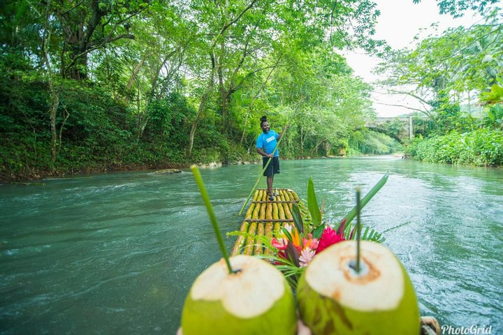 Bamboo Rafting on the Martha Brae River Raft captain poling a bamboo raft down the calm Martha Brae River in Jamaica, with fresh coconuts in the foreground—relaxed family outing