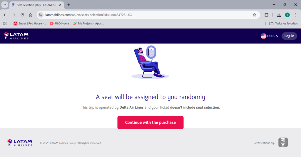 Screenshot showing the seat selection unavailable error typical of a code-share flight booked through a marketing carrier.